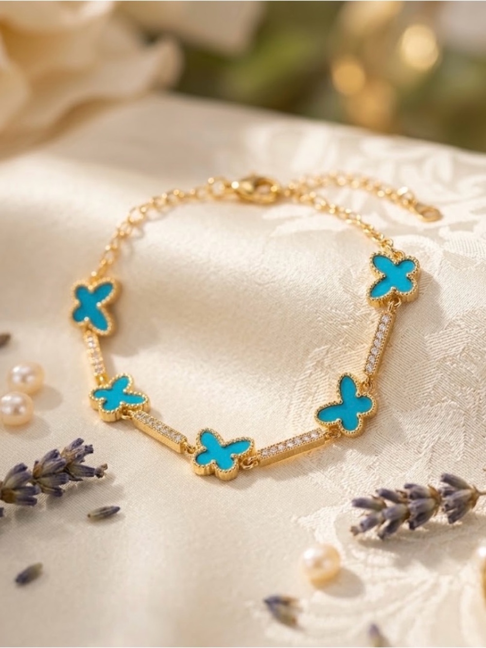 Gold Butterfly Link Bracelet with Turquoise Enamel size 6-9